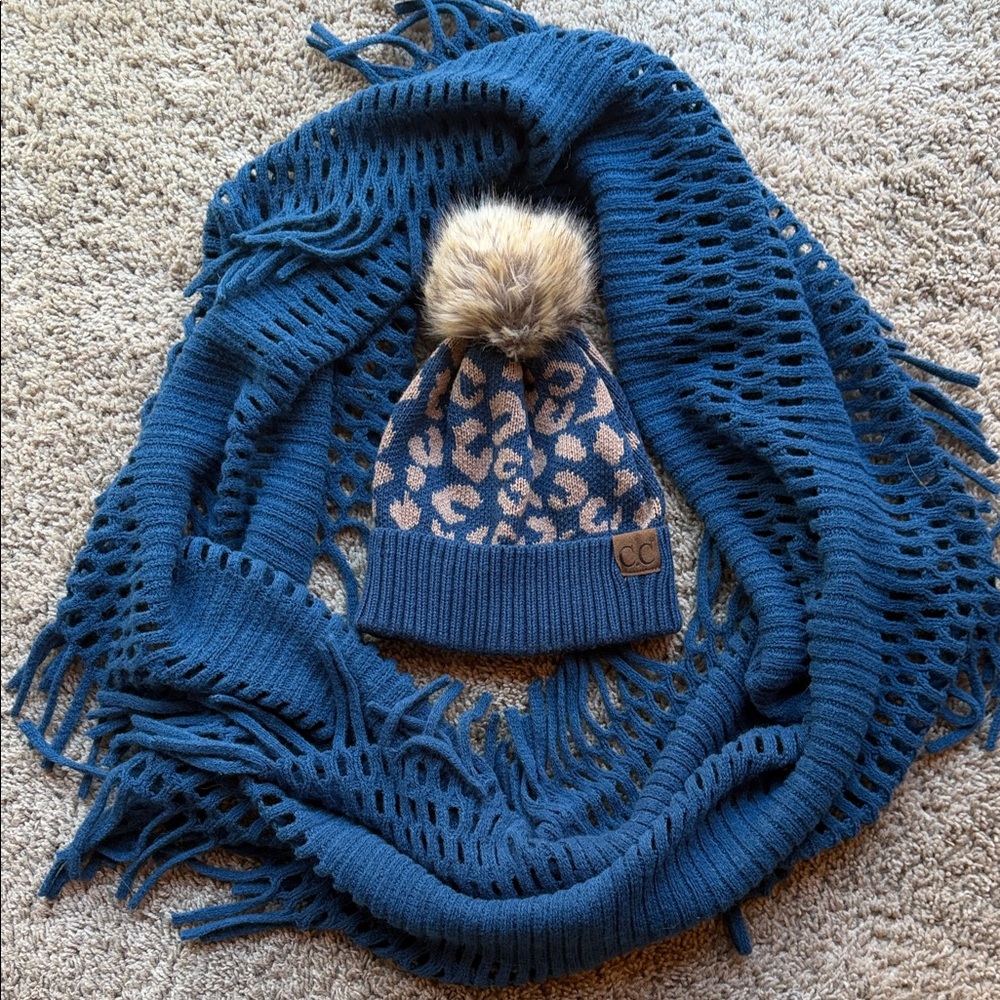 Blue Knit Infinity Scarf with stylish fringe and Leopard Print Beanie with Pom